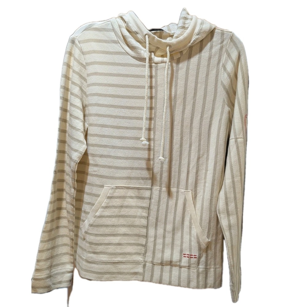 Peace Love World Ivory & Tan  Stripe‎ Hoodie Sweatshirt XS Front Pockets